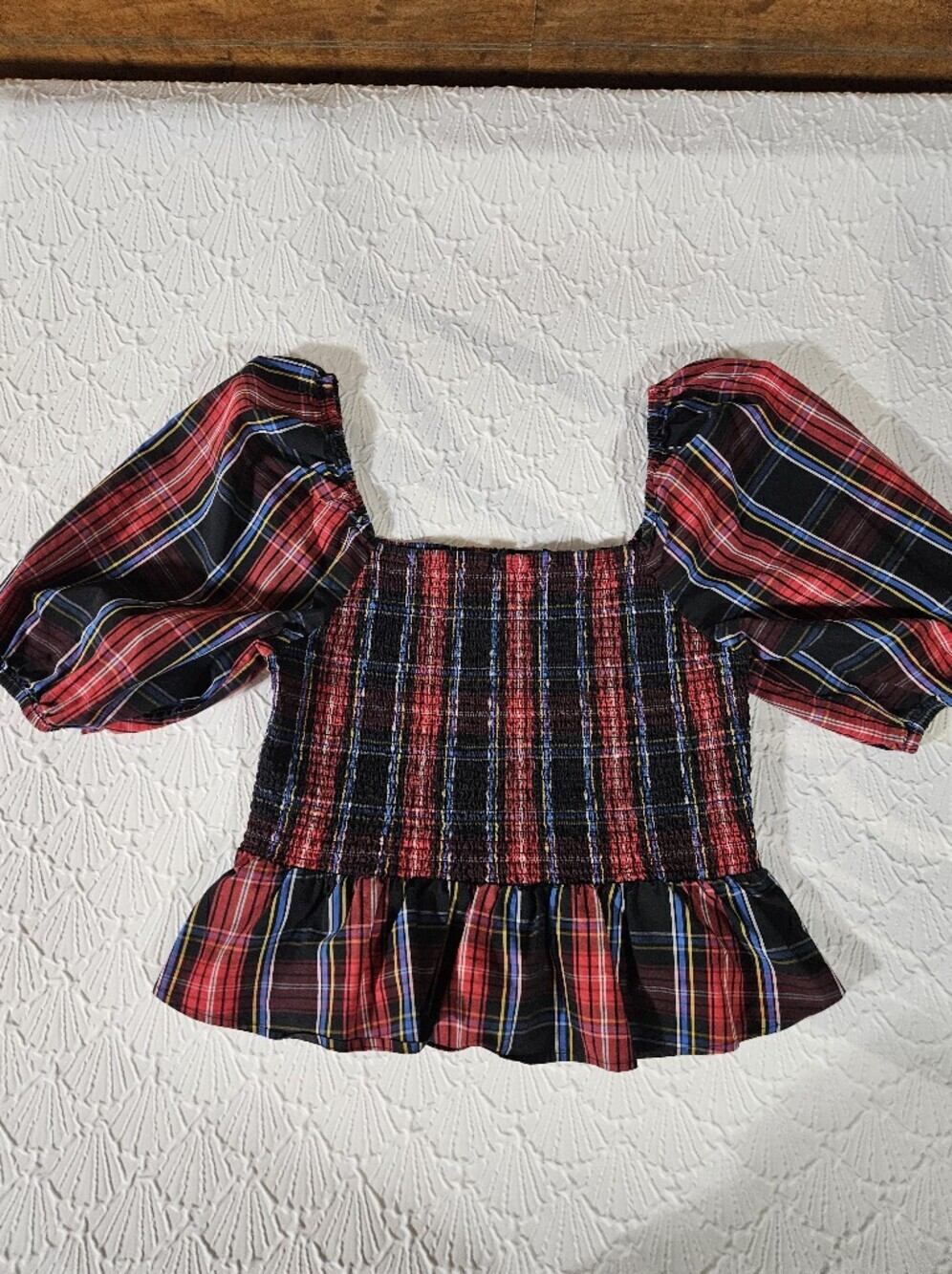 Draper James Plaid Puff-Sleeve Smocked Peplum Top - Red/Black Size XL